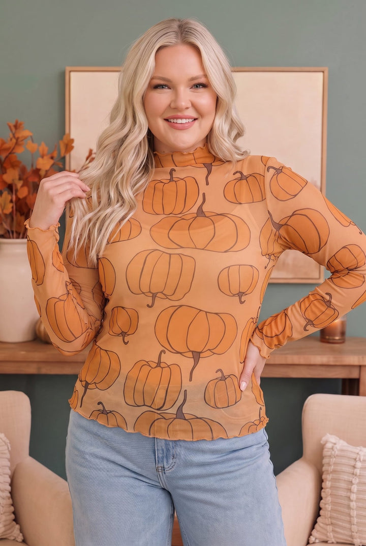 Pumpkin Patch Mesh Mock Neck Top - Nikki &amp; Co. Boutique