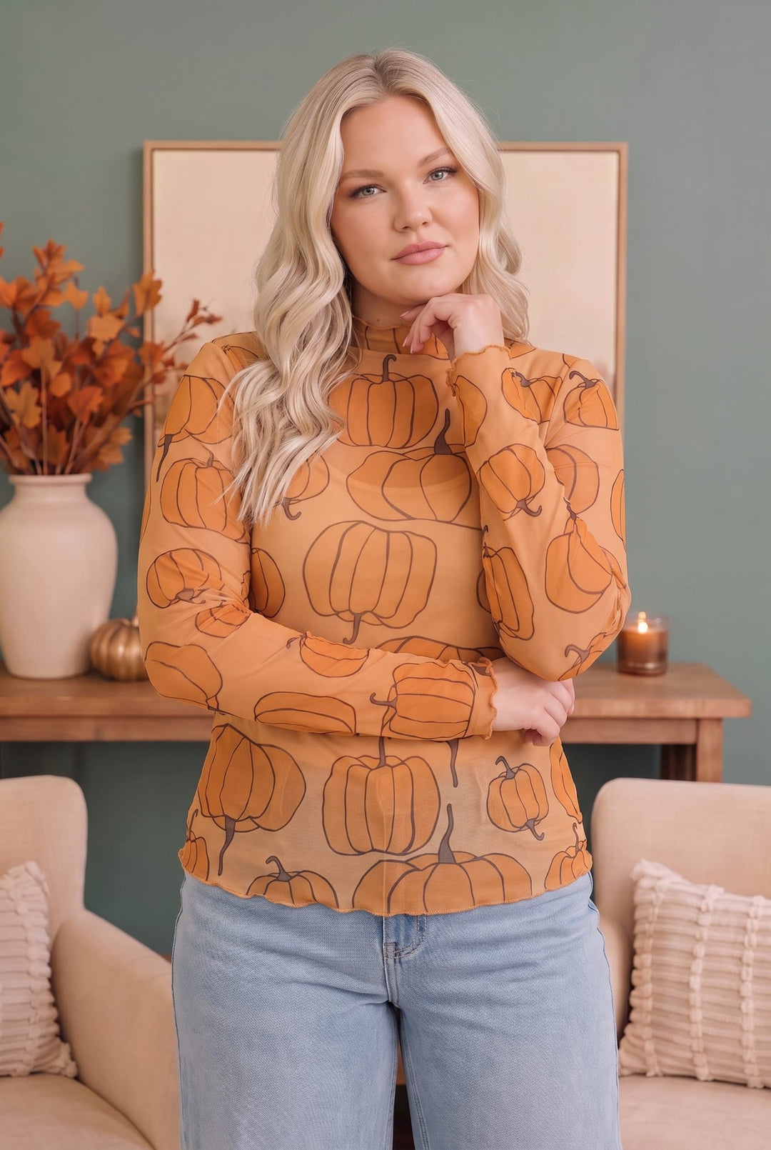 Pumpkin Patch Mesh Mock Neck Top - Nikki &amp; Co. Boutique