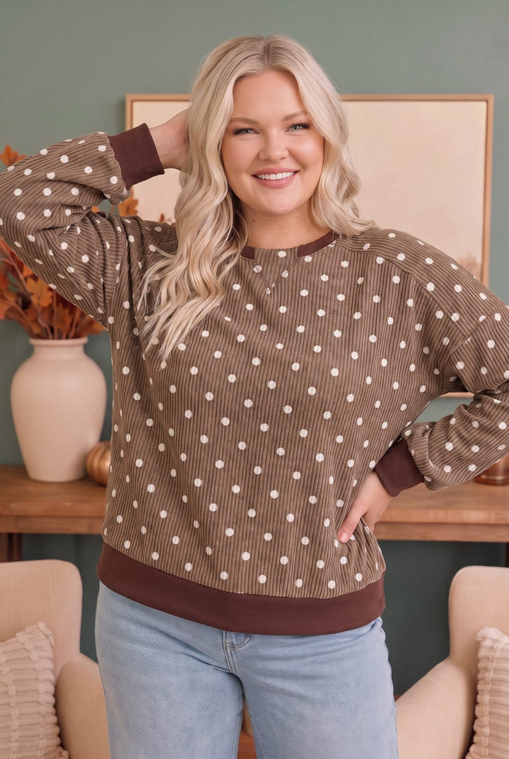 Cozy Dots Ribbed Pullover in Caramel - Nikki &amp; Co. Boutique