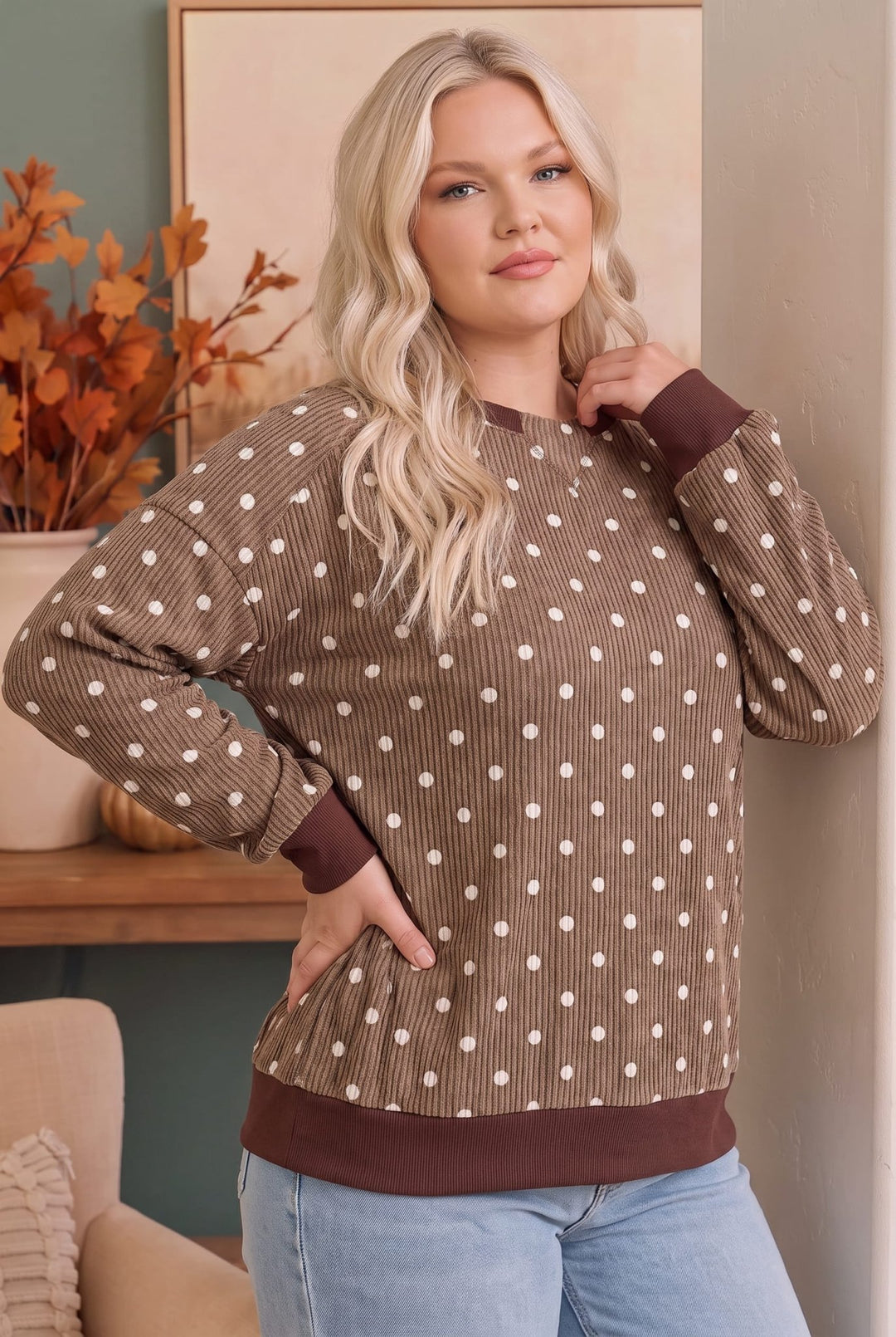 Cozy Dots Ribbed Pullover in Caramel - Nikki &amp; Co. Boutique