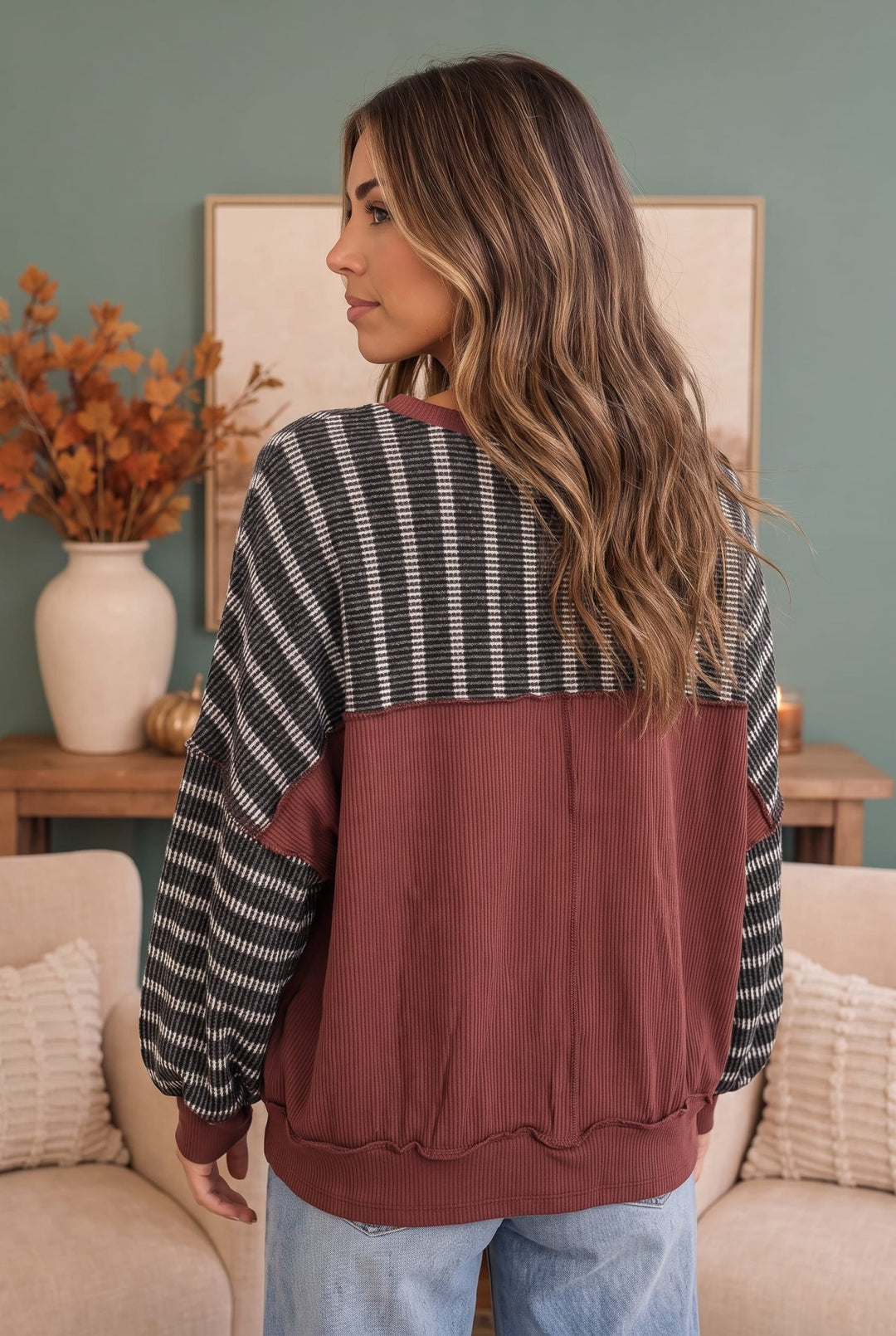 Perfect Plum Black &amp; Cream Striped Sweater with Mauve Trim - Nikki &amp; Co. Boutique