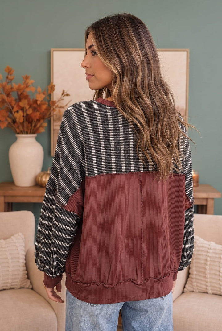 Perfect Plum Black &amp; Cream Striped Sweater with Mauve Trim - Nikki &amp; Co. Boutique