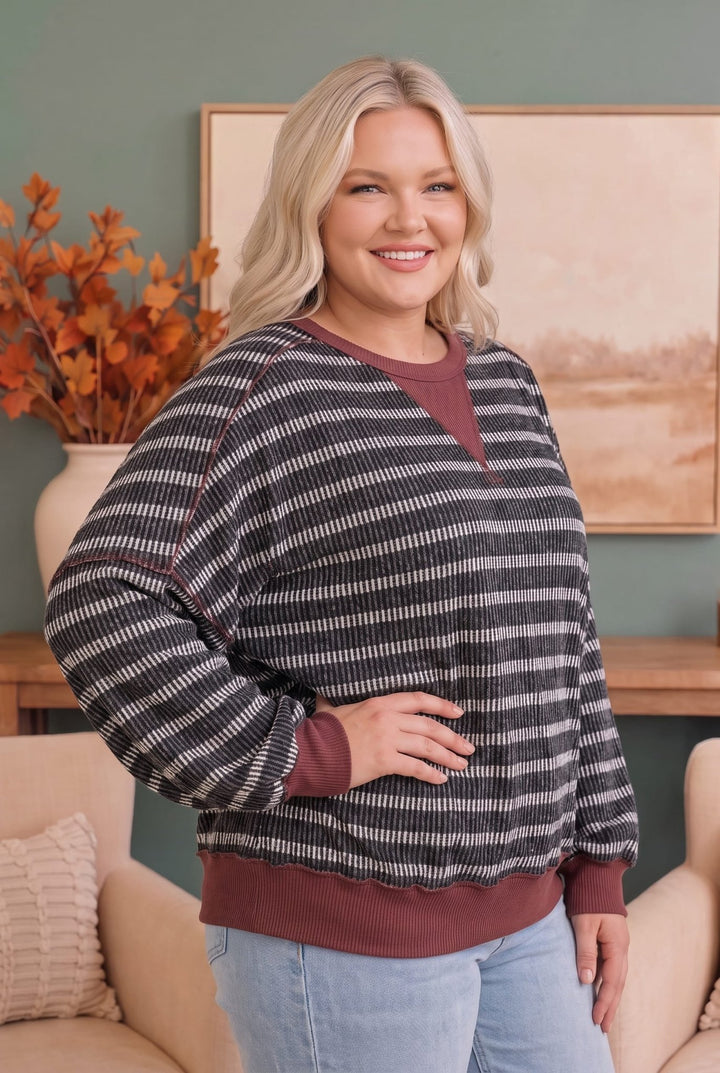 Perfect Plum Black &amp; Cream Striped Sweater with Mauve Trim - Nikki &amp; Co. Boutique