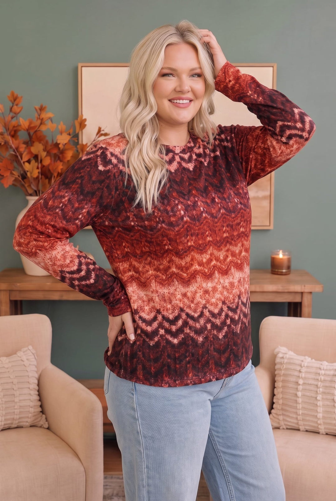 Haptics Burgundy Ombre Zigzag Long Sleeve Top - Nikki &amp; Co. Boutique