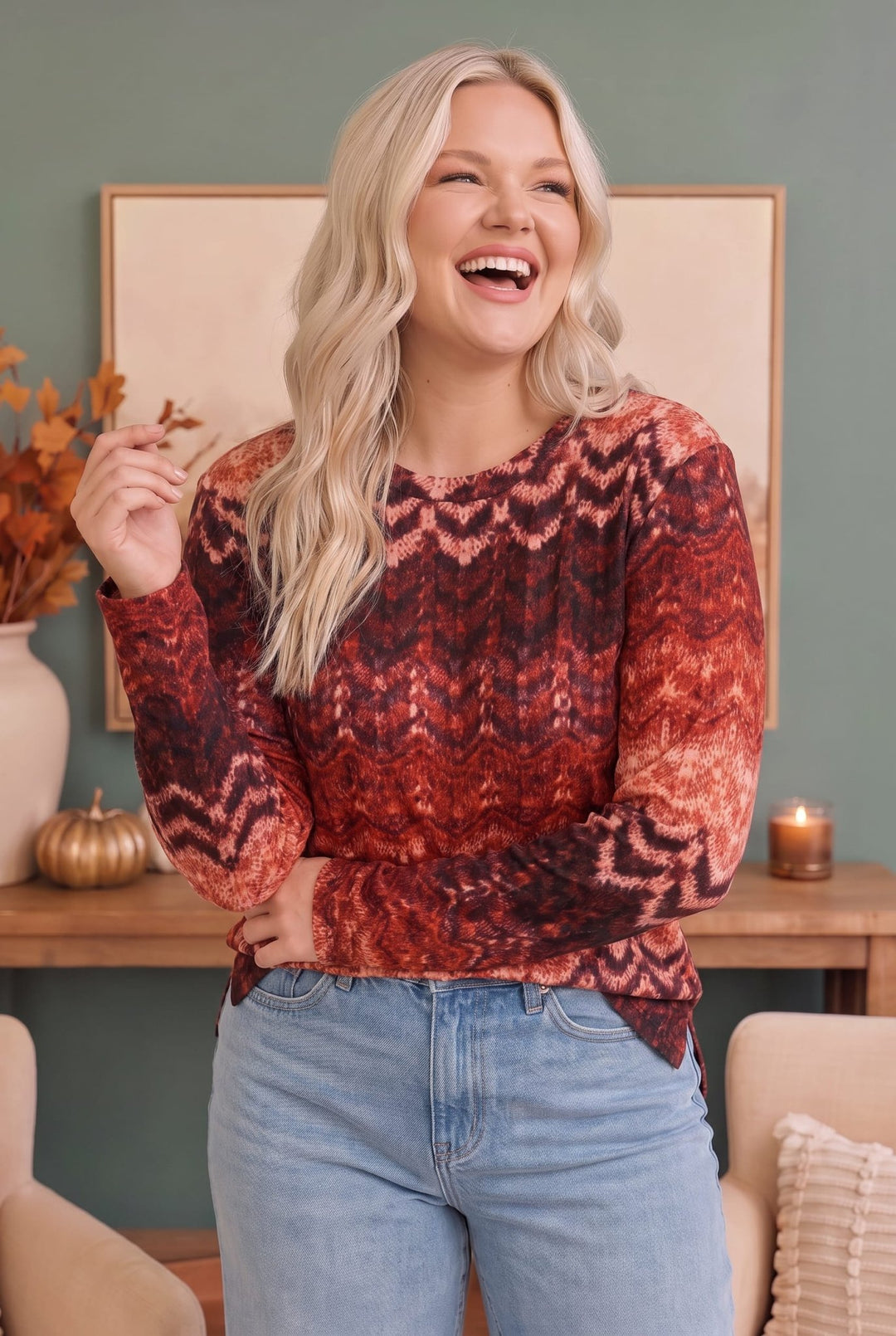 Haptics Burgundy Ombre Zigzag Long Sleeve Top - Nikki &amp; Co. Boutique