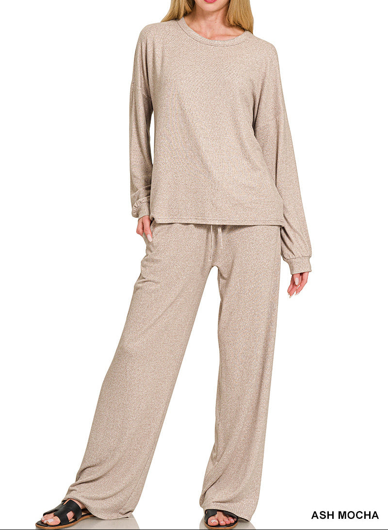 Woman in soft 2-piece, long sleeve set