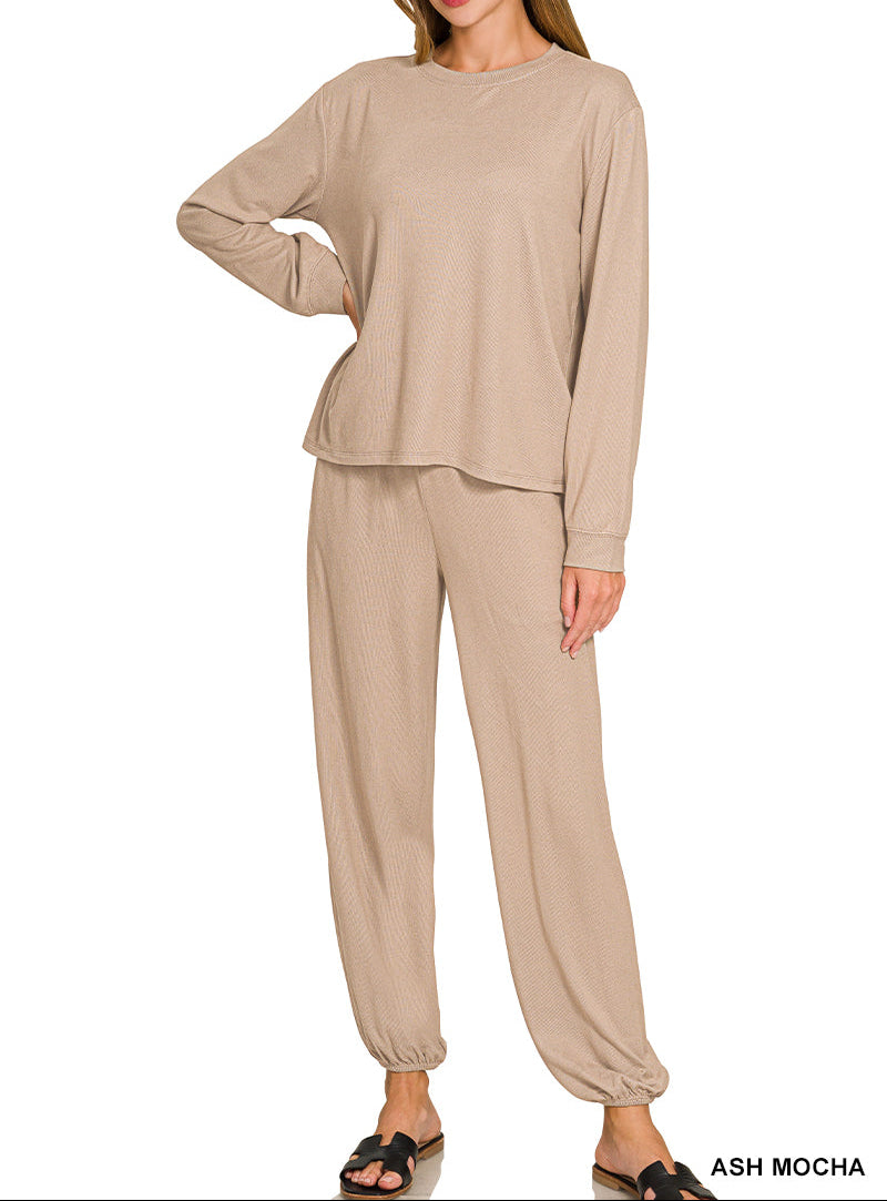 Woman in ash mocha top and bottom set