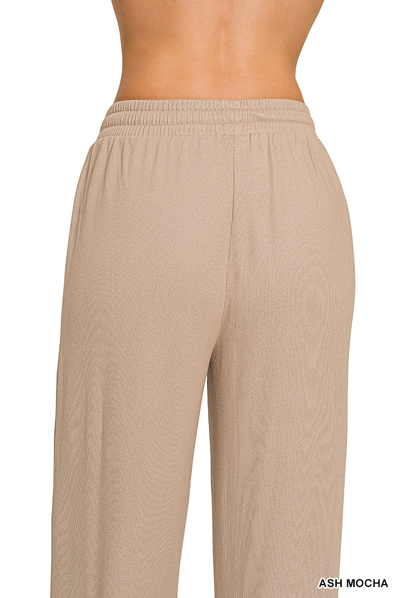 Woman wearing ash mocha pants with drawstring