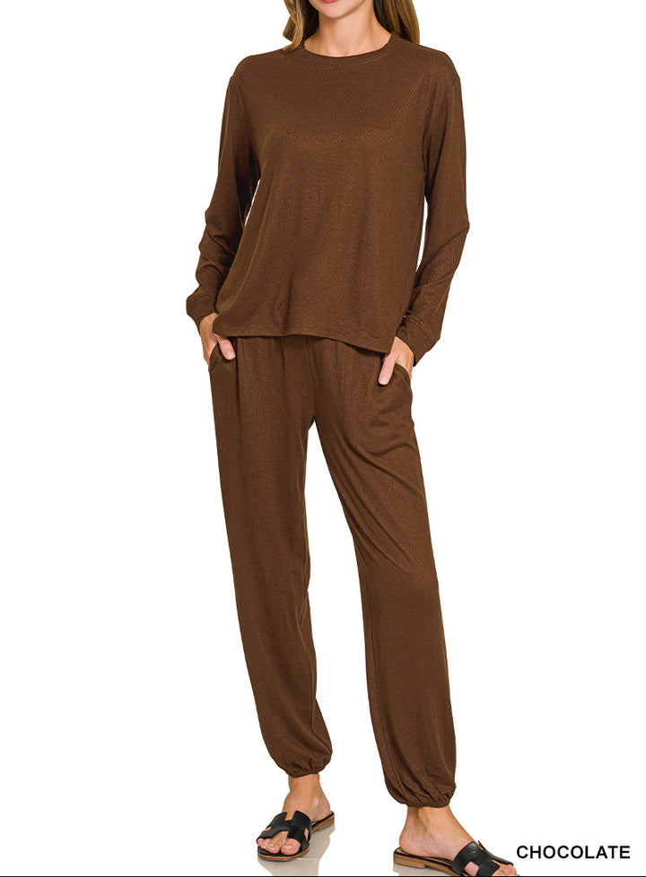 Zenana Soft Hacci Long Sleeve, Round Neck Jogger Set (NP)