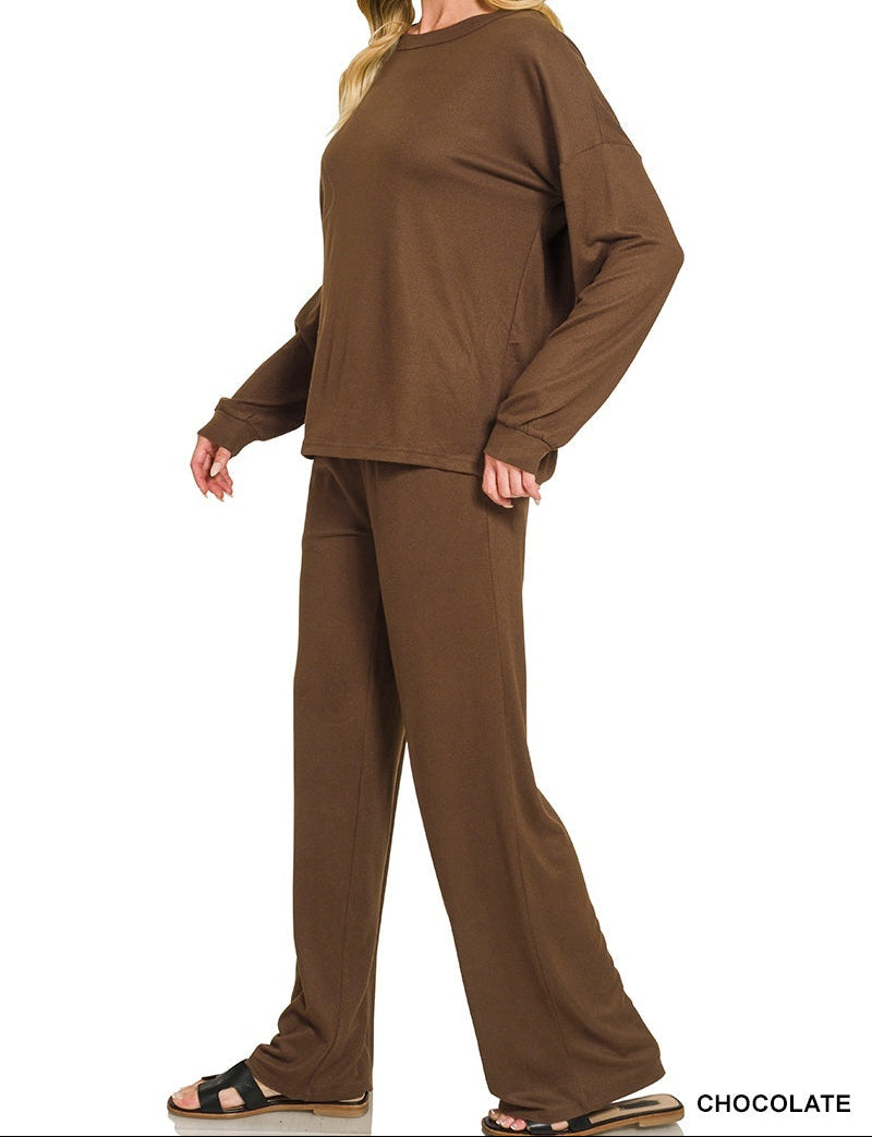 Woman wearing a chocolate top and pants set