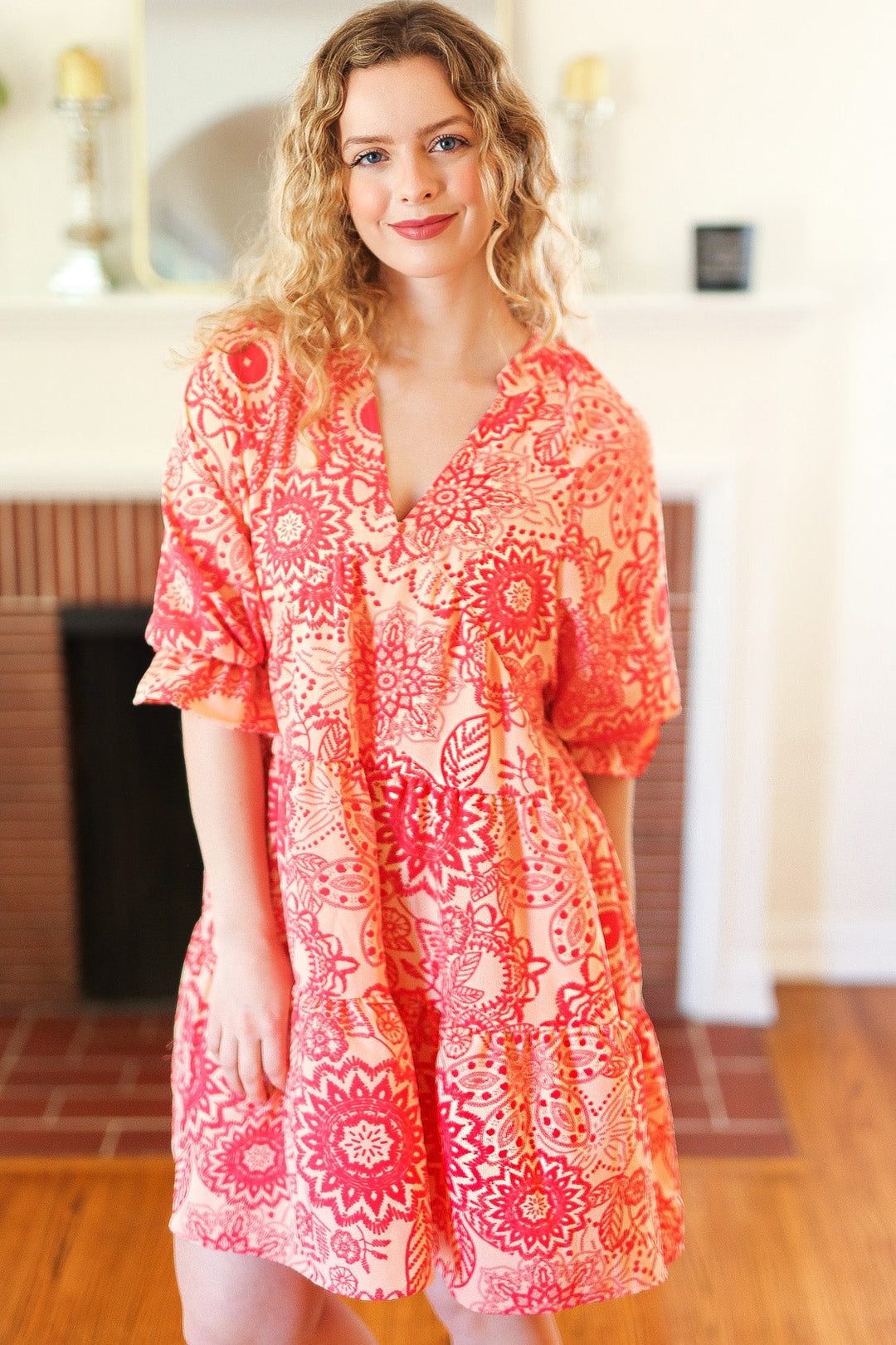 All You Need Peach &amp; Coral Boho Floral V Neck Dress | Nikki &amp; Co. Boutique