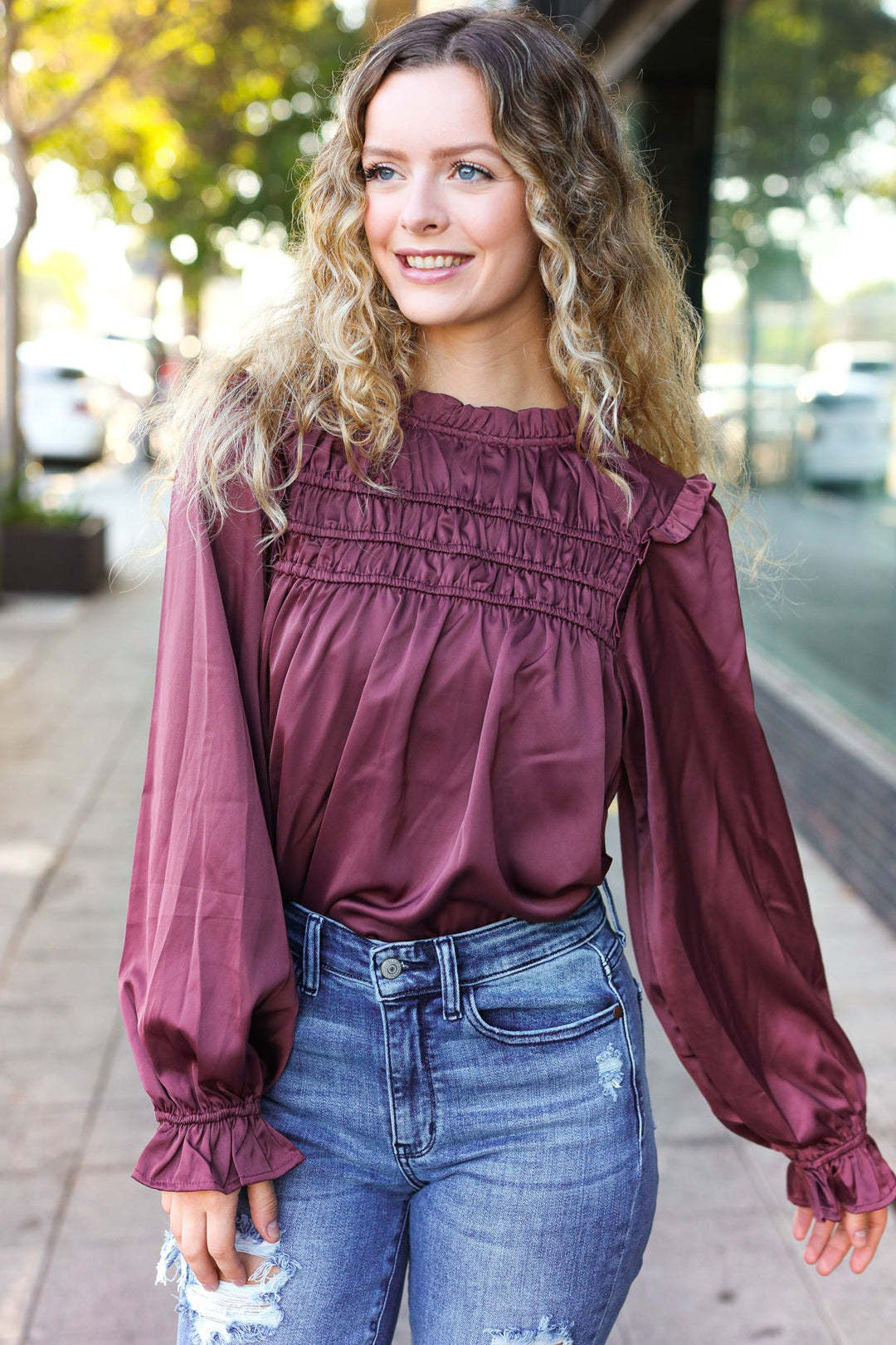 Be Your Best Wine Satin Shirred Yoke Frilled Mock Neck Tops | Nikki &amp; Co. Boutique
