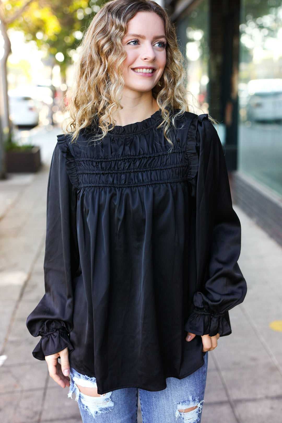 Be Your Best Black Satin Shirred Yoke Frilled Mock Neck Tops | Nikki & Co. Boutique
