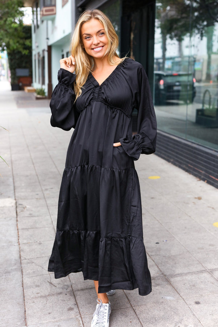 Elegant Black Elastic V Neck Tiered Satin Maxi Dress | Nikki &amp; Co. Boutique