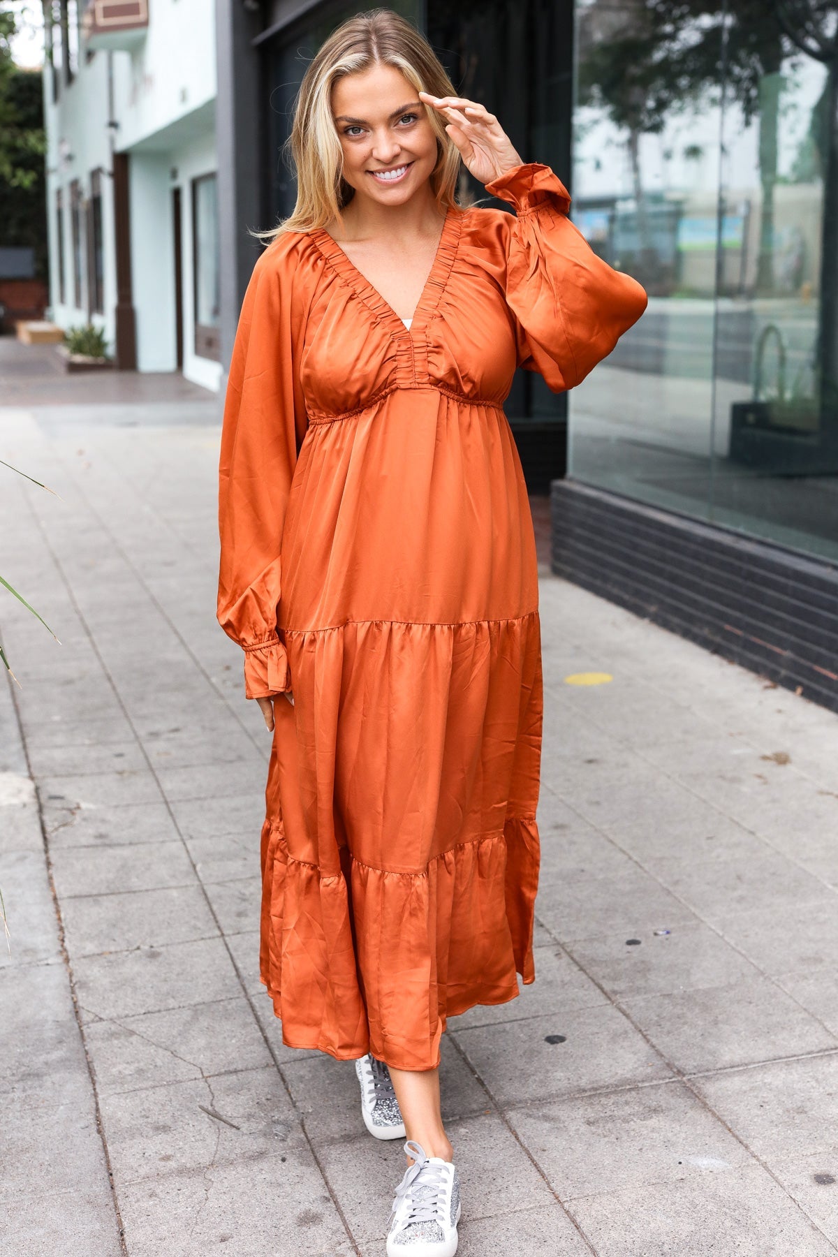 Elegant Rust Elastic V Neck Tiered Satin Maxi Dress - Nikki and Co Boutique