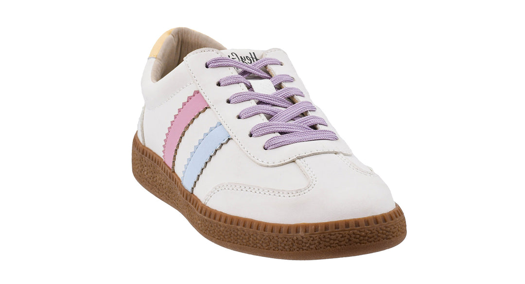 White sneaker with pink and blue laces on a white background