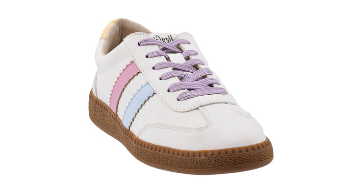 White sneaker with pink and blue laces on a white background