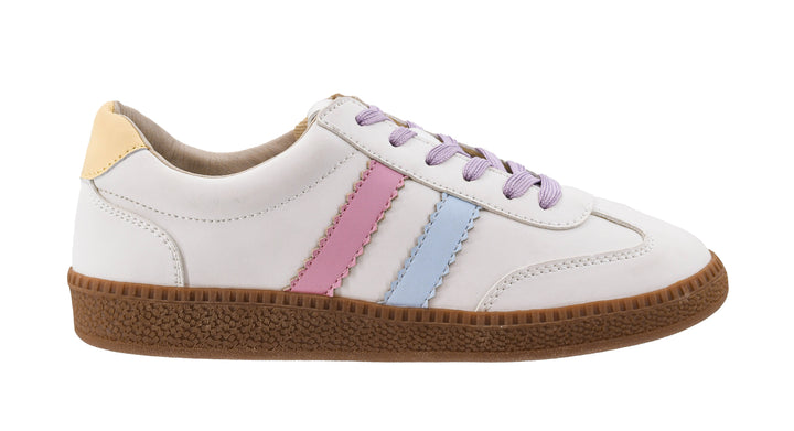White sneaker with pink and blue stripes on a white background