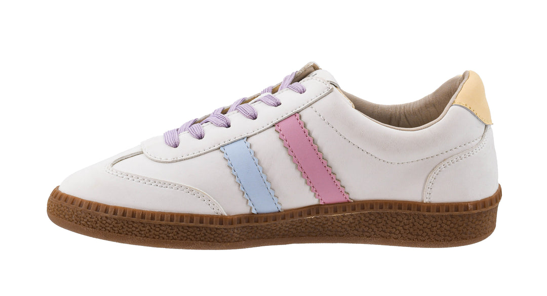 White sneaker with colorful stripes on a white background