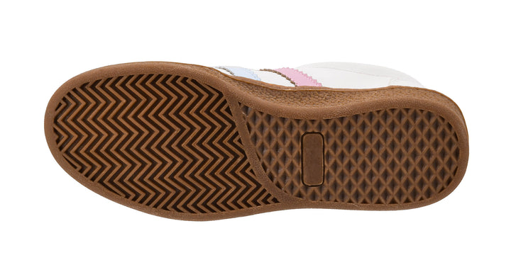 Close-up of a shoe sole with brown tread pattern on a white background