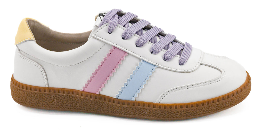 White sneaker with purple laces and colorful stripes on a white background