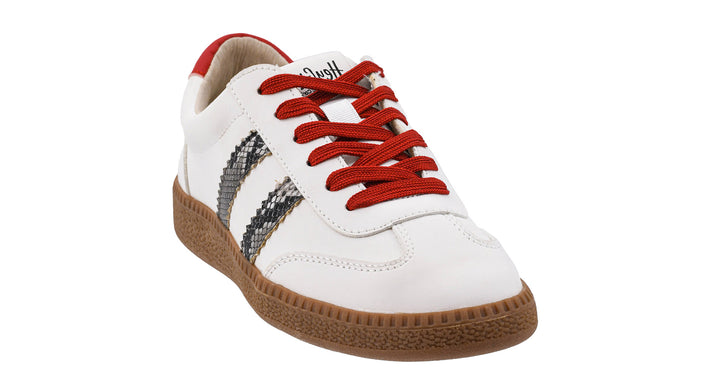 White sneaker with red laces on a white background