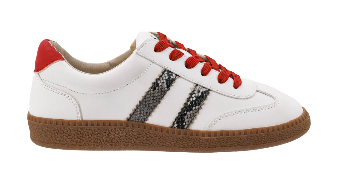 White sneaker with red laces and a patterned side strip on a white background
