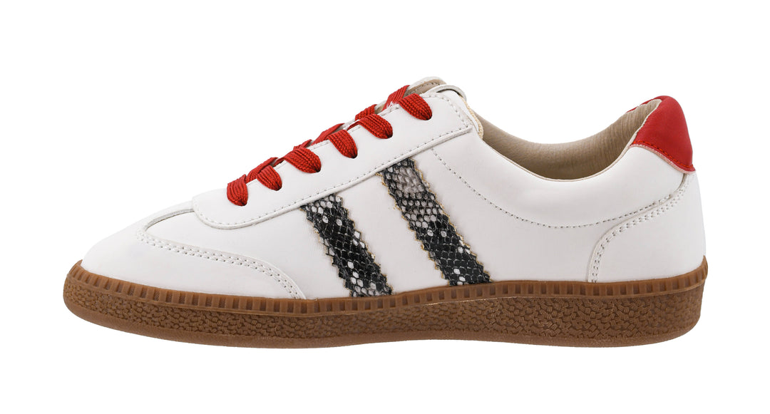 White sneaker with red laces and black and white striped pattern on a white background