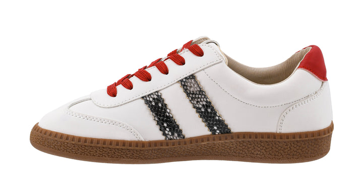 White sneaker with red laces and black and white striped pattern on a white background