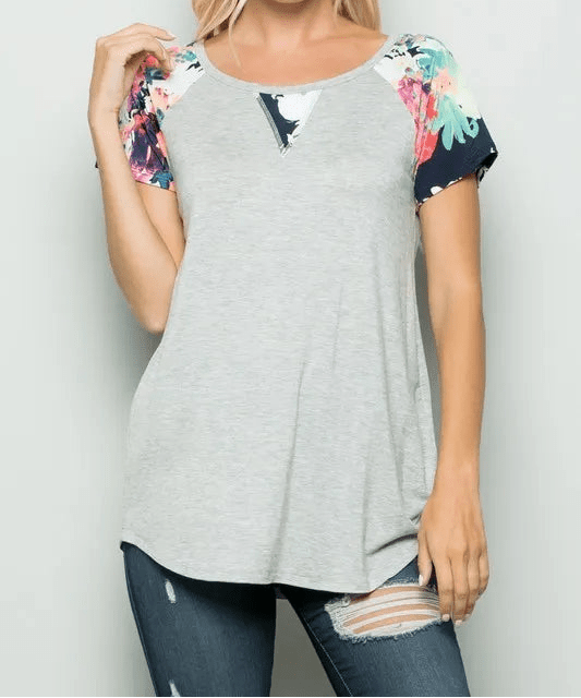 Heather Grey Top with Colorful Sleeves and Front Design (NP) - Plus | Nikki & Co. Boutique