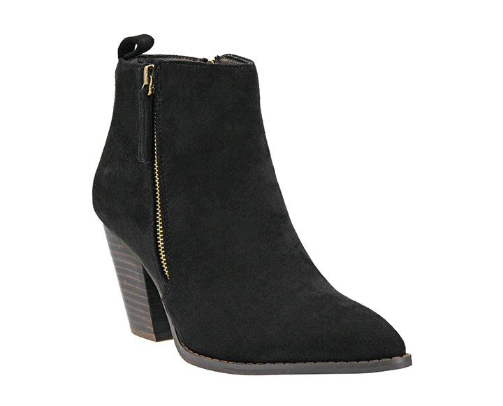 Black ankle boot with a gold zipper on a white background