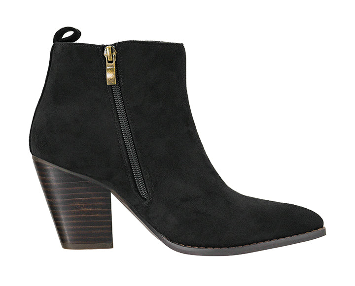 A black suede ankle boot with a side zipper, a gold-tone zipper pull, and a stacked block heel with a dark wood grain finish, shown against a plain white background.