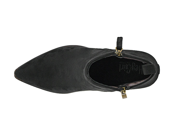 A black pointed-toe ankle boot with a zippered back and a small gold-tone zipper pull, shown from a top-down view on a white background.