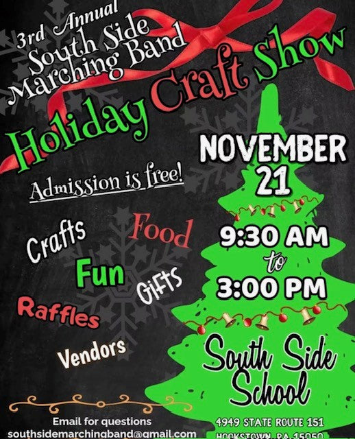 Flyer for the 3rd Annual South Side Marching Band Holiday Craft Show at South Side School on November 21, 2026