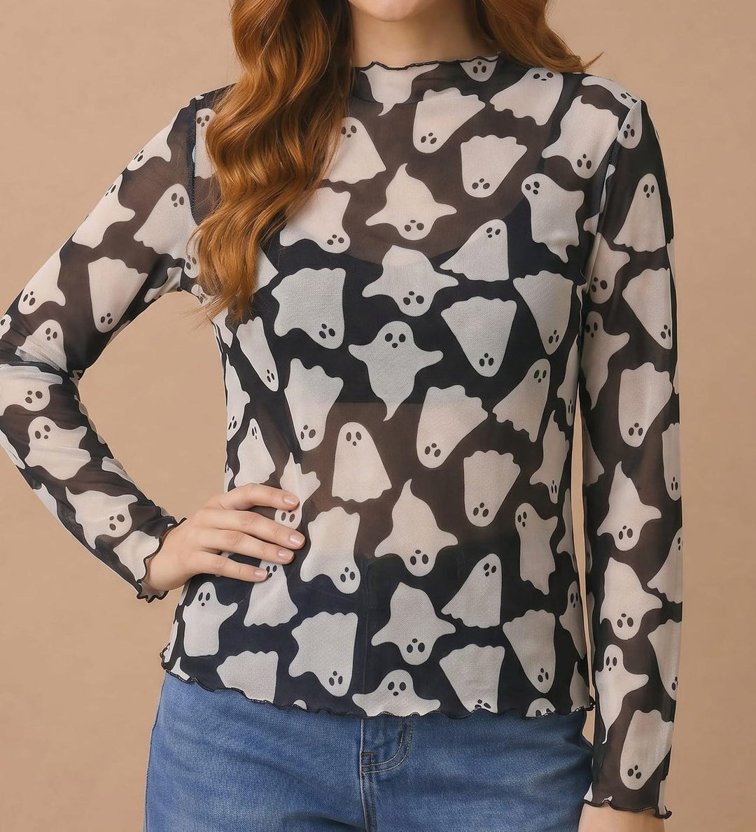 Spooky Cute Ghost Print Mesh Long Sleeve Top - Nikki &amp; Co. Boutique