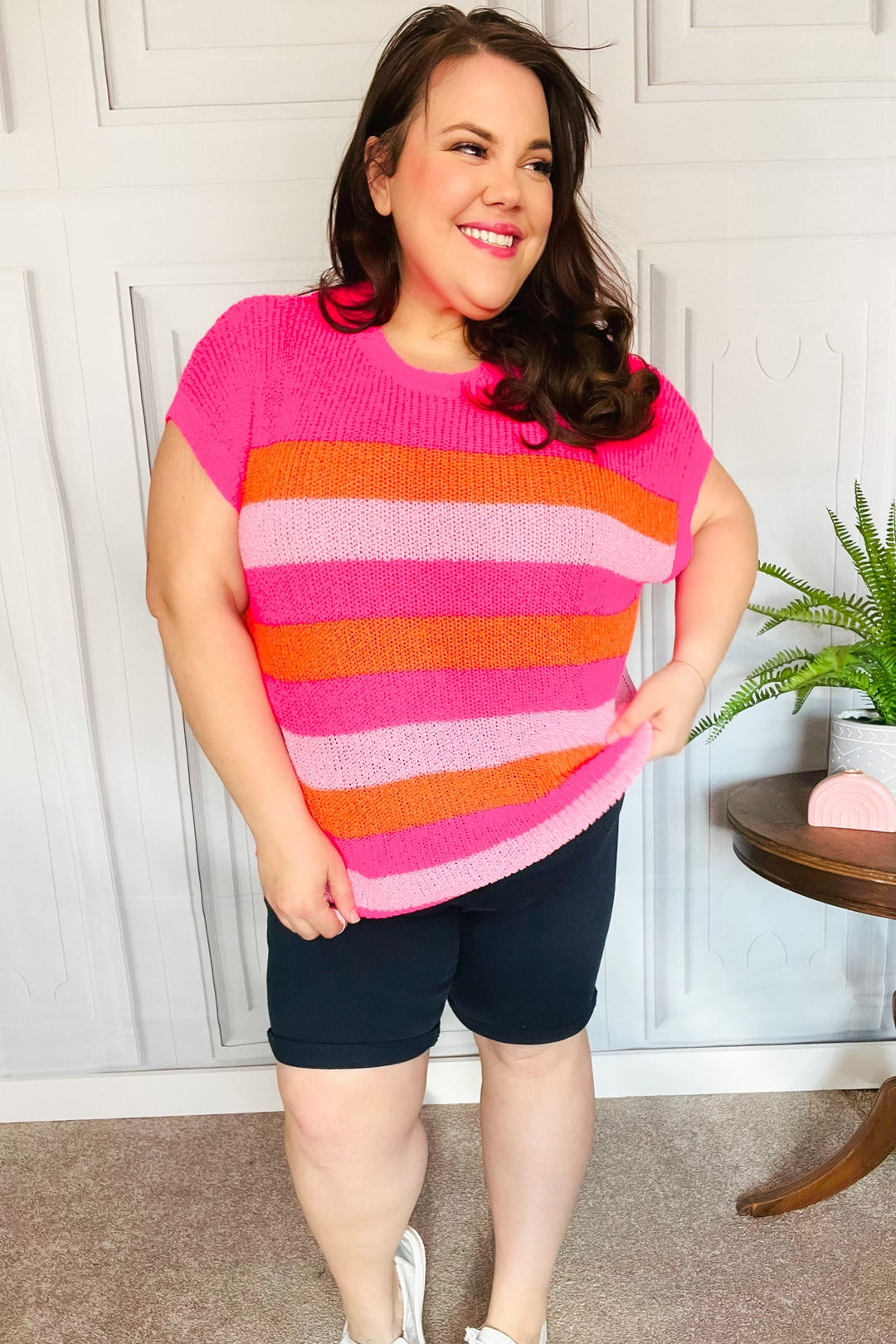 Feeling Bold Fuchsia &amp; Orange Stripe Shorts Sleeve Dolman Sweater | Nikki &amp; Co. Boutique