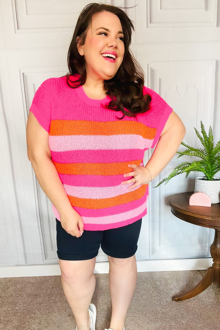 Feeling Bold Fuchsia &amp; Orange Stripe Shorts Sleeve Dolman Sweater | Nikki &amp; Co. Boutique