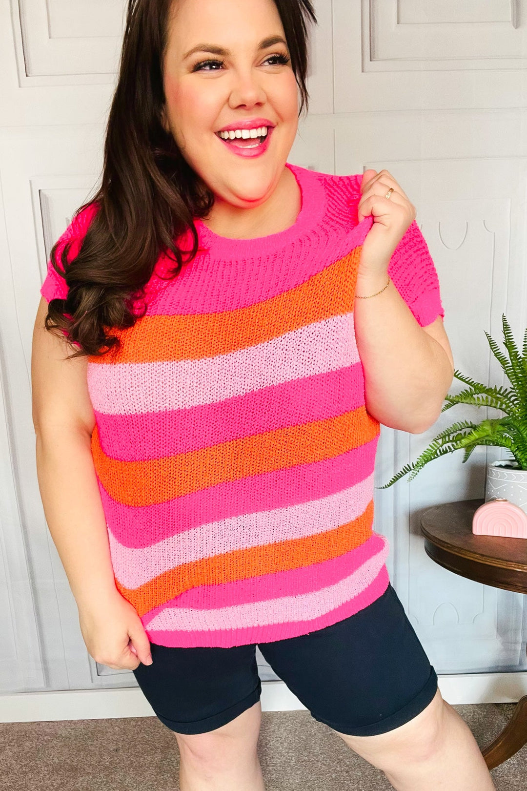 Feeling Bold Fuchsia &amp; Orange Stripe Shorts Sleeve Dolman Sweater | Nikki &amp; Co. Boutique