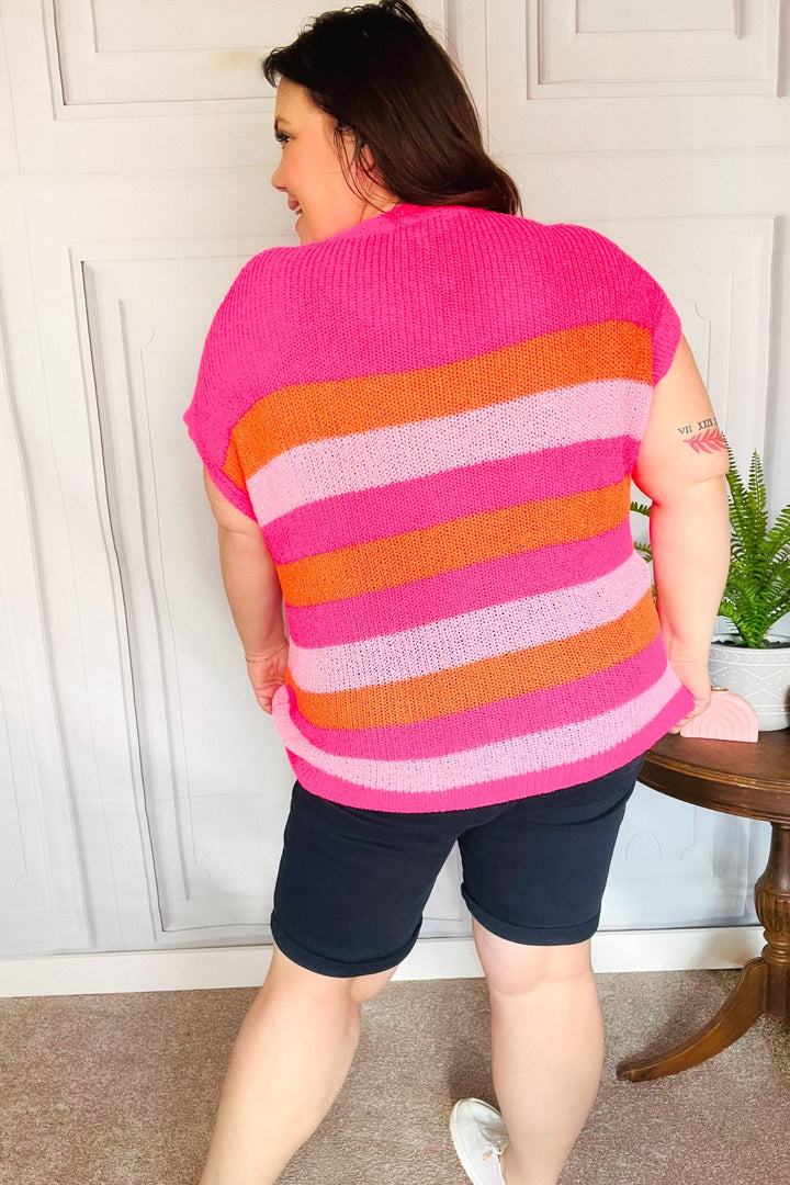 Feeling Bold Fuchsia &amp; Orange Stripe Shorts Sleeve Dolman Sweater | Nikki &amp; Co. Boutique