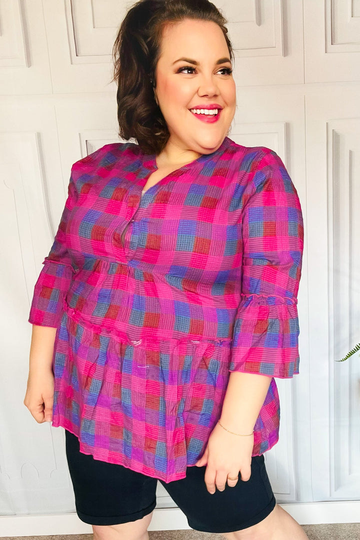 Back To Basics Fuchsia Plaid Notched Neck Babydoll Tops | Nikki &amp; Co. Boutique