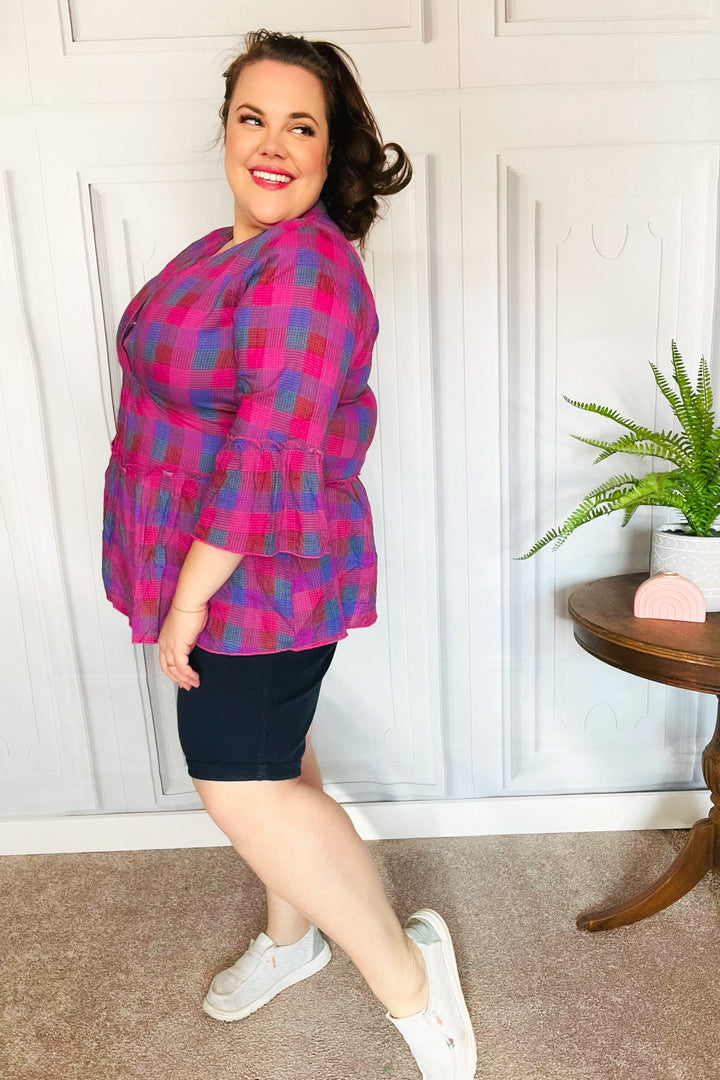 Back To Basics Fuchsia Plaid Notched Neck Babydoll Tops | Nikki &amp; Co. Boutique