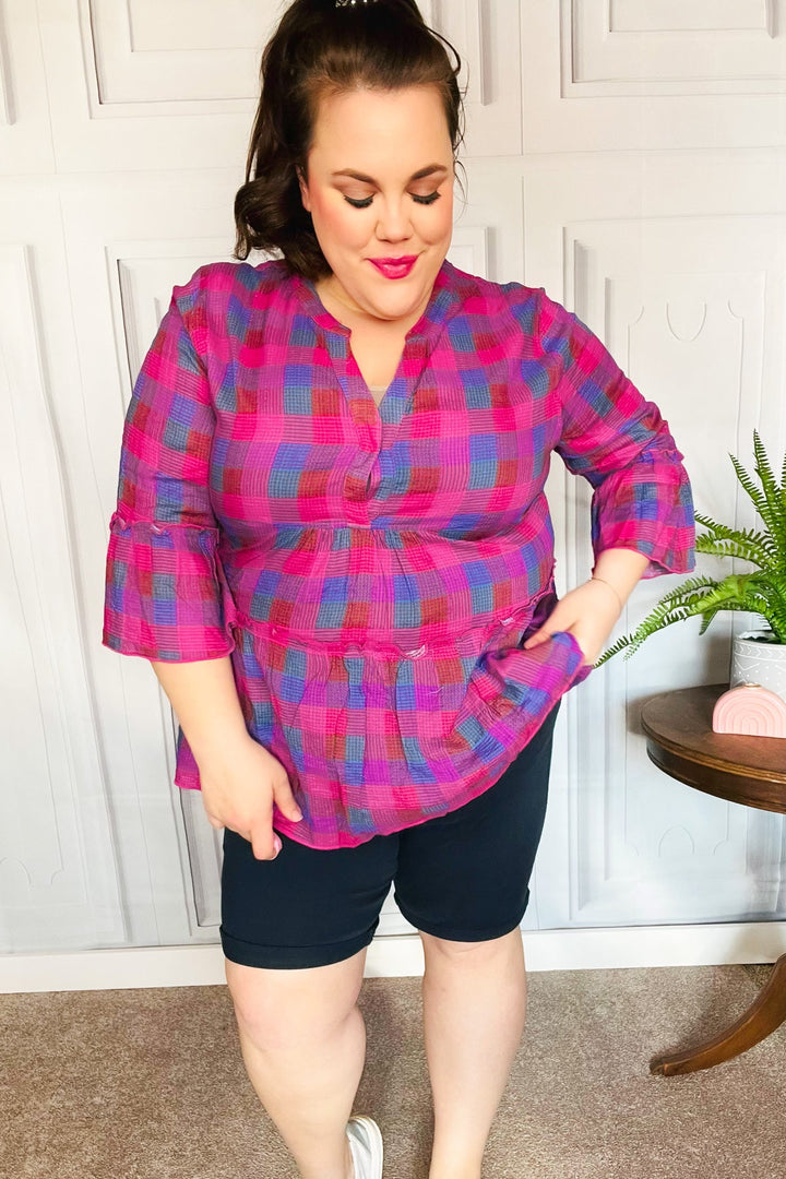 Back To Basics Fuchsia Plaid Notched Neck Babydoll Tops | Nikki &amp; Co. Boutique