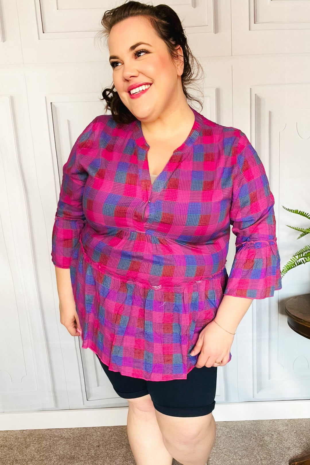 Back To Basics Fuchsia Plaid Notched Neck Babydoll Tops | Nikki &amp; Co. Boutique
