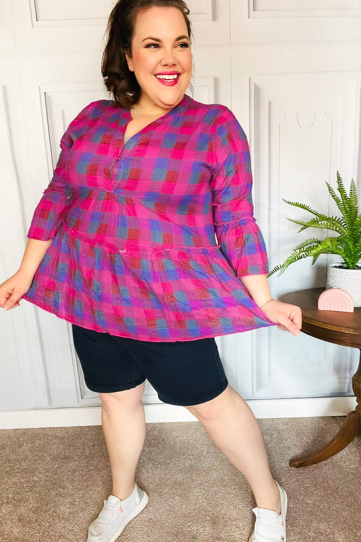 Back To Basics Fuchsia Plaid Notched Neck Babydoll Tops | Nikki &amp; Co. Boutique