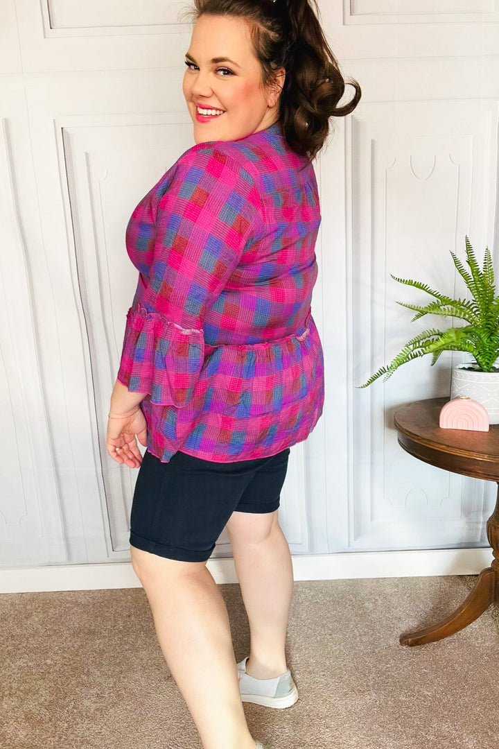 Back To Basics Fuchsia Plaid Notched Neck Babydoll Tops | Nikki &amp; Co. Boutique