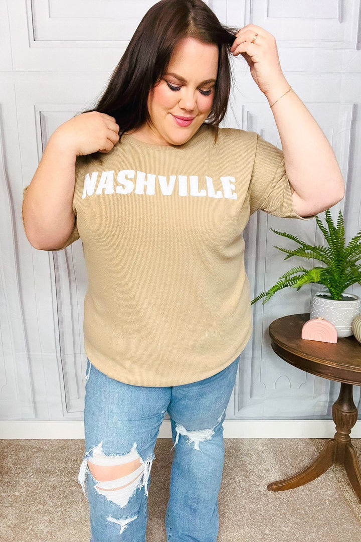 Taupe Pop-Up Embroidered "NASHVILLE" Ribbed Top | Nikki &amp; Co. Boutique