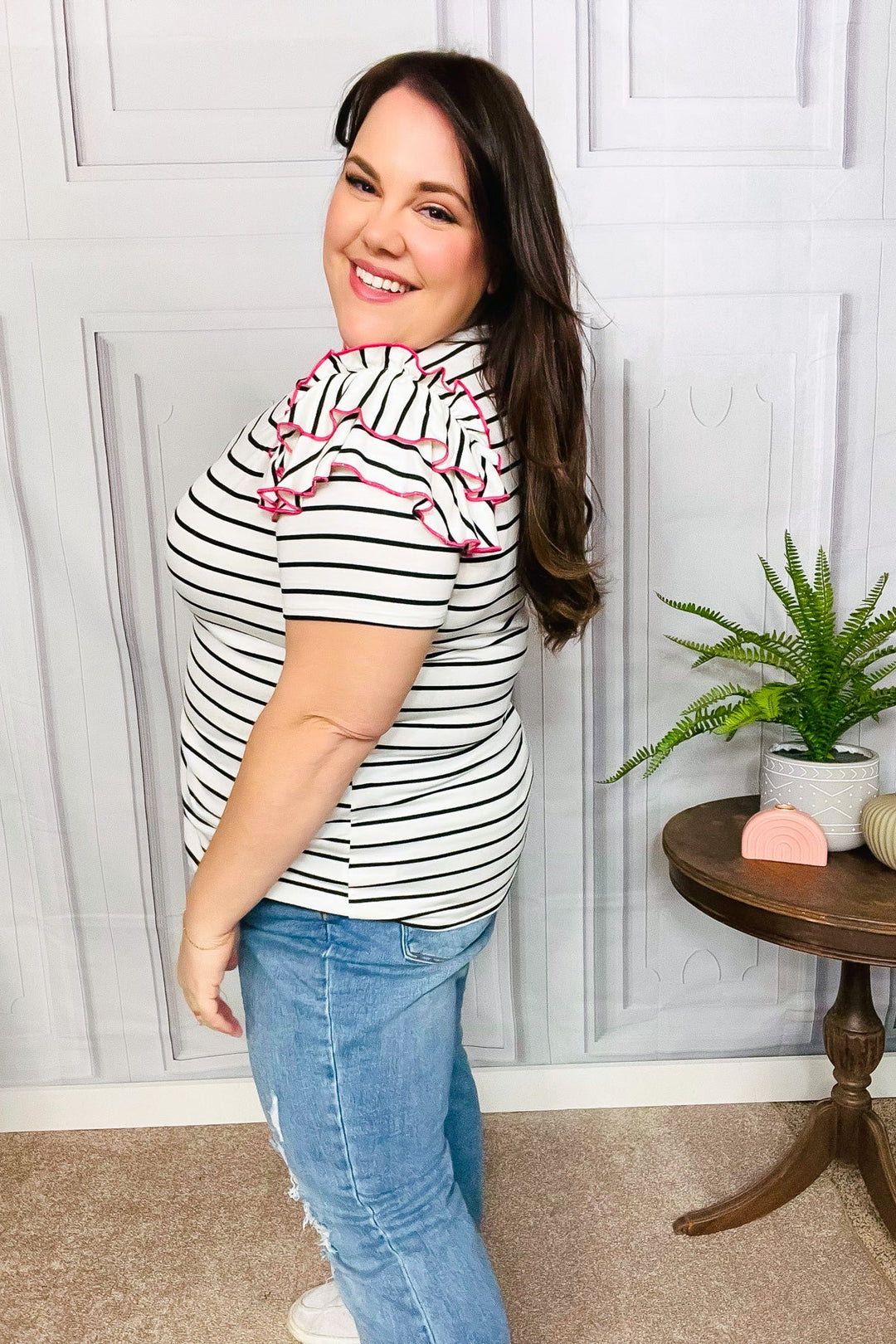 Get To It Ivory &amp; Pink Merrow Stitch Ruffle Sleeve Stripe Tops | Nikki &amp; Co. Boutique