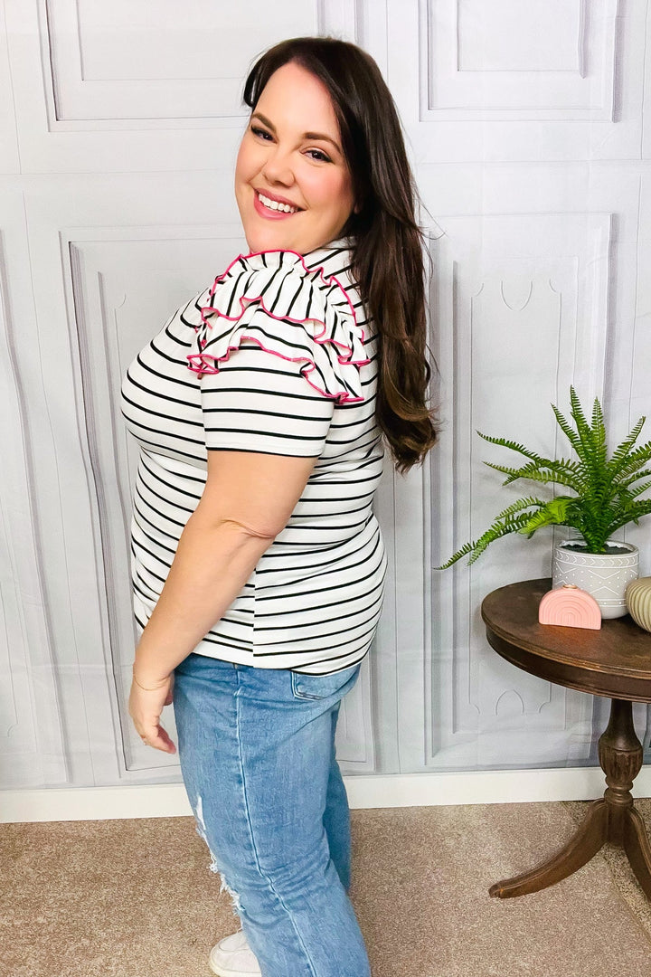 Get To It Ivory &amp; Pink Merrow Stitch Ruffle Sleeve Stripe Tops | Nikki &amp; Co. Boutique