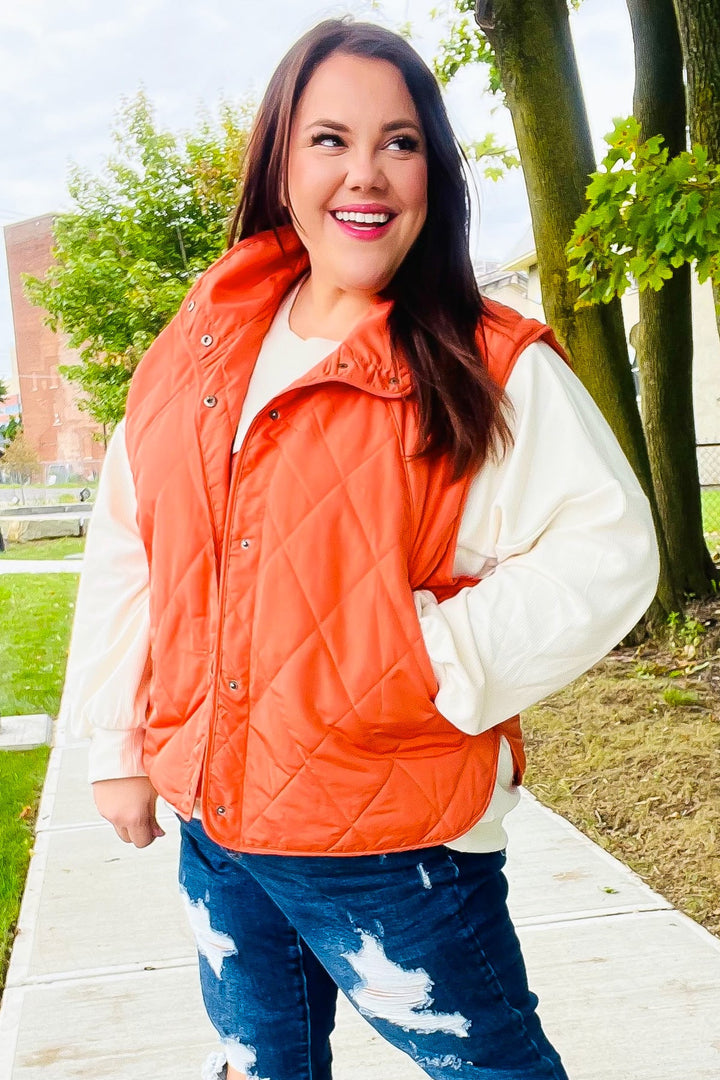 Weekend Ready Rust High Neck Snap Button Quilted Puffer Vest | Nikki &amp; Co. Boutique