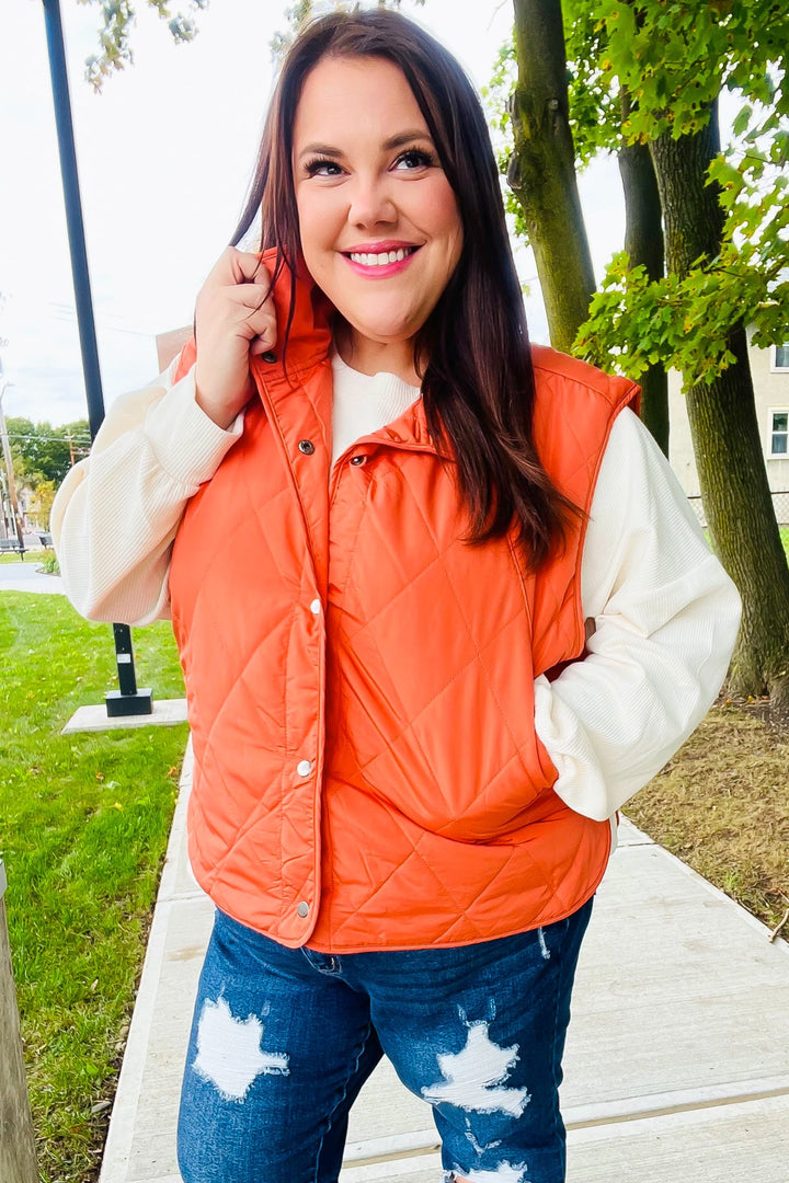 Weekend Ready Rust High Neck Snap Button Quilted Puffer Vest | Nikki &amp; Co. Boutique